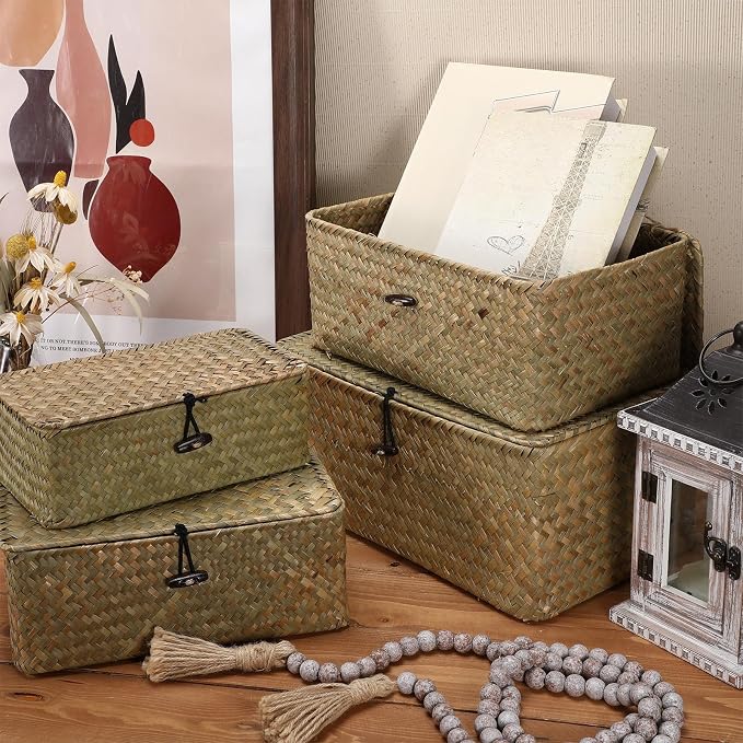 Woanger Set of 4 Wicker Baskets with Lids, Nautral Seagrass Storage Baskets, Woven Rectangular Basket Bins, Rattan Storage Organizer for Shelf Closet Bedroom(Natural Color) - Image 3