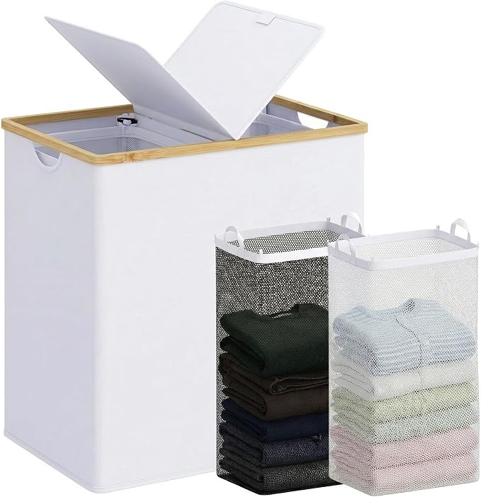 efluky Laundry Hamper with Lid, Double Laundry Basket with 2 Removable Bags, 2 Section Laundry Bin with Bamboo Handles for Bathroom, Bedroom & Laundry Room, 140L (36.9 Gallon) White by efluky