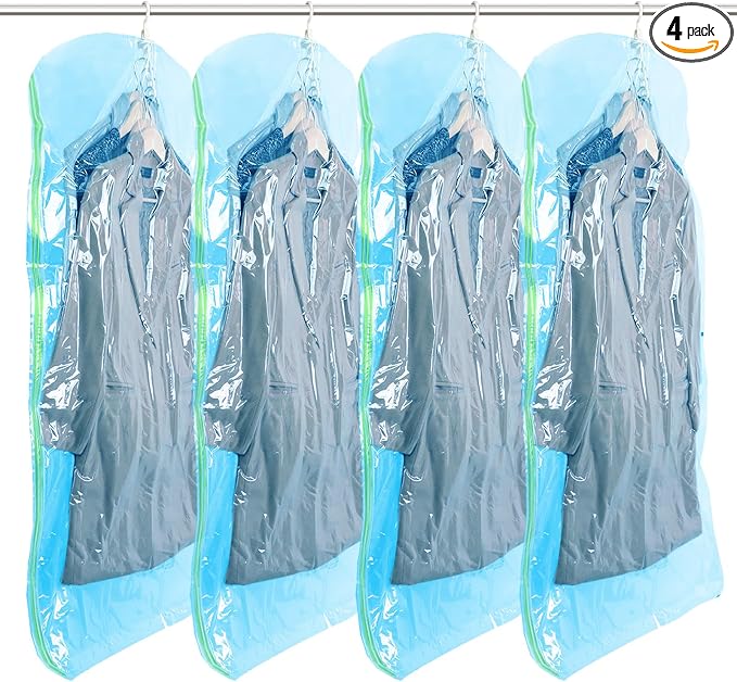 TAILI Hanging Vacuum Storage Bags Clothes, Coats, Jackets,4 Jumbo Blue | Vacuum Seal Bags for Clothing, Space Saver Winter Clothes Storage Closet Organizer Garment Storage by TAILI