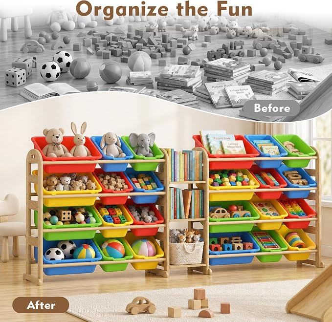 Large Wooden Toy Storage Organizer, 62" W Colorful 3-Shelf Bookcase/Bookshelf with 24 Toy Bins, Large Toy Organizers and Storage, Toy Box for Playrooms, Bedrooms Organization - Image 4