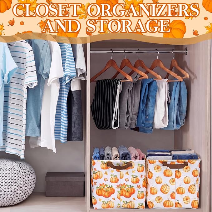 Fourluoo 6 Pack Floral Storage Basket with Handles Clothes Storage Basket Bin Foldable Box Bins Organizer for Closet Shelf Nursery Kid Room Book Toy Chest(6,Pumpkin) - Image 6
