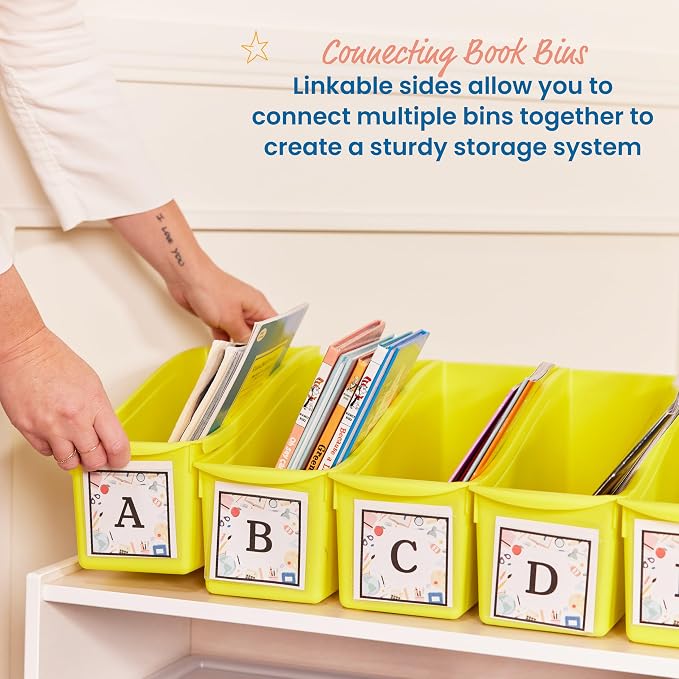 ECR4Kids Linking Plastic Storage Book Bin, Multipurpose Organization, Neon Yellow, 10-Piece | Durable plastic with built-in handles, interlocking, nestable, ideal for books, magazines, and files in a classroom or office - Image 3