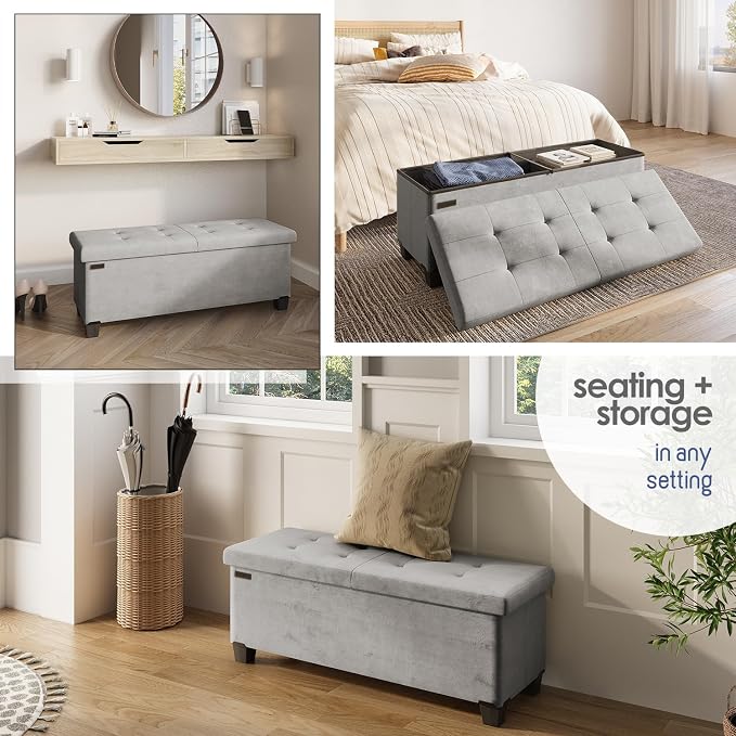 Storage Ottoman Bench with Bins, 43-in Storage Bench for Bedroom End of Bed, Folding Foot Rest Ottoman for Living Room Max 660lbs, Velvet Ottomans, Light Grey - Image 4