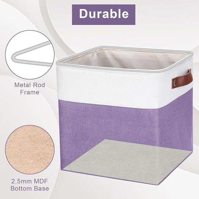 Collapsible Fabric Storage Cubes 11x11 Cube Storage Bins, 4 Pack Closet Baskets Box with Handles for Organizing, Shelf, Toys, Clothes, Home, Office, Nursery (Purple&White) - Image 4