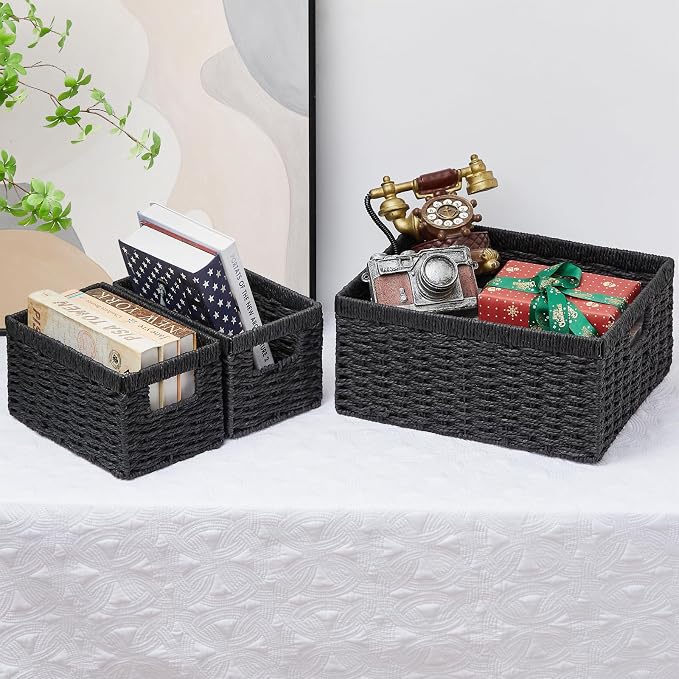 Wicker Storage Basket, Set of 3 Wicker Basket, Hand-Woven Paper Rope Storage Baskets for Organizing, Large Cube Storage Organizer Bins Baskets for Shelves Small Toilet Paper Baskets, Black - Image 5