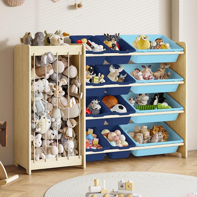 EXPERLAM Kids Toy Storage Organizer, 2-in-1 Stuffed Animal Storage & Toy Organizer w/12 Bins, Solid Wood Toy Rack Featuring Thicker Elastic Ropes, Playroom Nursery Bedroom Storage, Blue by EXPERLAM