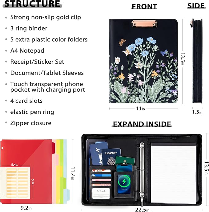 Ospelelf Leather Clipboard with Storage, Zippered Padfolio Portfolio Organizer, 3 Ring Binder 1 Inch, Notepad, Tablet Sleeve, 5 Dividers with Pocket for Office,Students, Teachers Night Flowers - Image 2