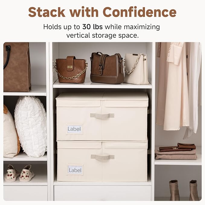 StorageWorks 55L Extra Large Fabric Storage Bins with Lid, Foldable Closet Organizer Boxes with Label and Handles, Decorative Storage Baskets for Clothing and Blankets, Cream White, 2-Pack - Image 4