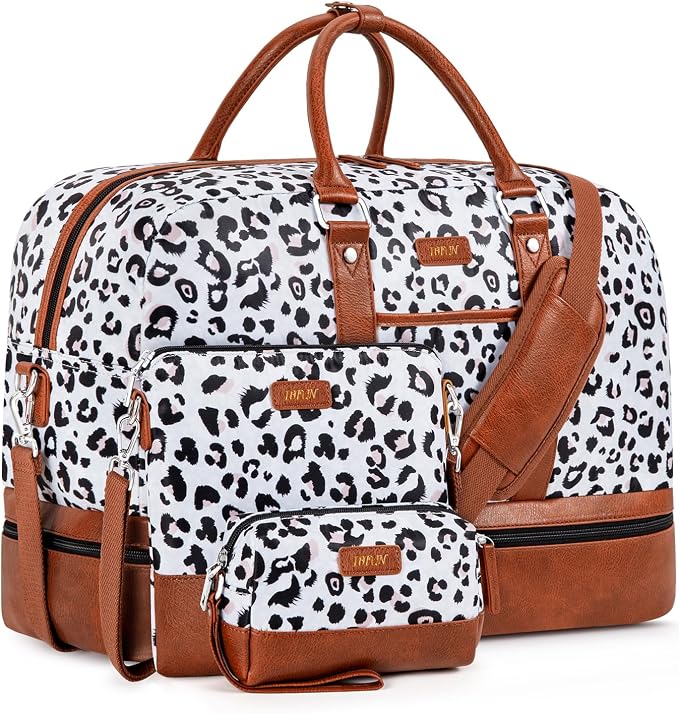 Weekender Bag for Women, Large Overnight Bag Canvas Travel Duffel Bag Carry On Tote with Shoe Compartment 21" 3Pcs Set by IBFUN
