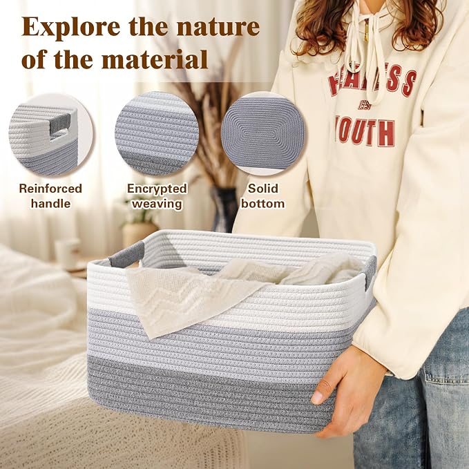 4 Pack Large Storage Basket for Organizing, 17.5"x13"x7" Woven Basket for Shelves, Closet Cube Storage Bins with Wrapped Handle, Cotton Rope Baskets for Kitchen, Clothes, Toys(Gradient Grey) - Image 3