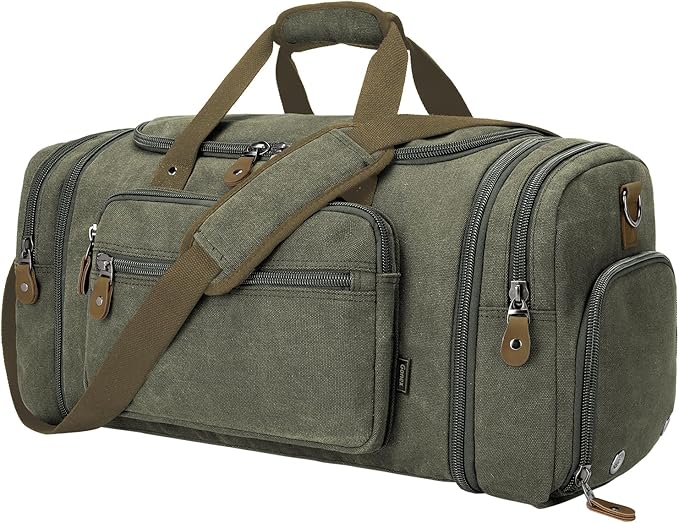 Gonex Canvas Duffle Bag, Expandable 60L Travel Overnight Weekender Bag | for Men, with Shoe Compartment, Multiple Pockets, Tear-Resistant, Durable Zippers, Detachable Strap, Army Green by Gonex