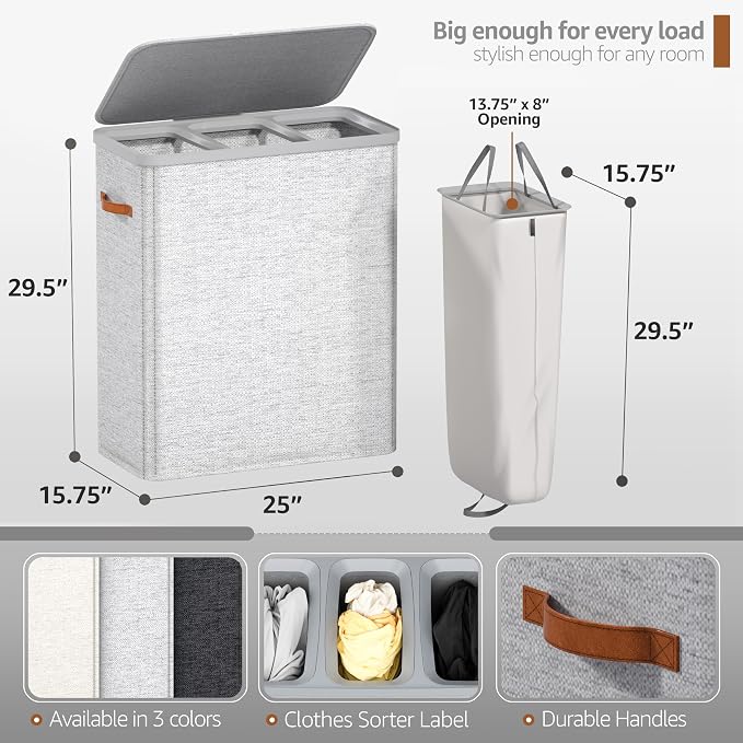 Sorbus Laundry Hamper with Lid - Collapsible 3-Compartment Fabric Laundry Basket with Handles and Removable Laundry Bag – 50 Gallon (190 L) Dirty Clothes Hamper for Bedroom, bathroom and dorm (Gray) - Image 2