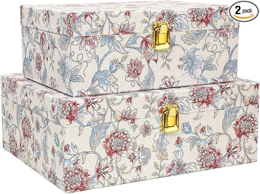 2-Piece Decorative Storage Boxes with Lids, Illustrated Botanical Floral Design in Soft Vintage Tones, Keepsake Boxes with Decorative Metal Closure, Memory Storage Boxes for Home Décor by MIZFRUZZY
