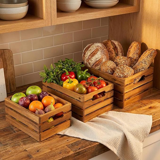 Nesting Wood Storage Crates (Set of 3) - Natural Acacia Wood Stackable Wooden Boxes for Storage & Organization - Decorative Wooden Basket Set for Fruits, Shelving & Home Decor - Image 2