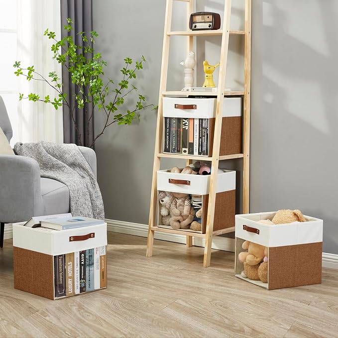 Storage Cubes, 4 Pack Linen Foldable Storage Bins (13 x 13 inch) with Clear Window and Handles, Fabric Organizer for Shelf Closet, Clothes, Books - (Brown and White) - Image 6