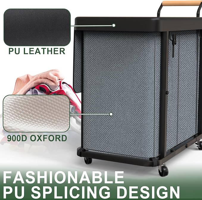 Laundry Hamper 3 Section with Lid,230L Rolling Dirty Clothes Hamper Grey | Laundry Basket with Wheels,Laundry Organizer Storage Cart with Sturdy Metal Frame and Wooden Handle for Laundry Room, Hotel - Image 4