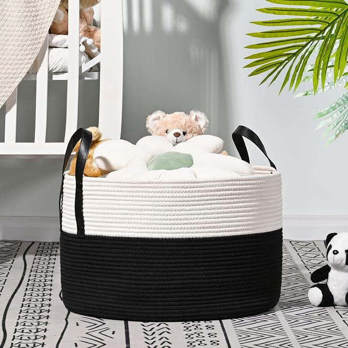 KAKAMAY Large Blanket Basket (20"x13"),Woven Baskets for storage Baby Laundry Hamper, Cotton Rope Blanket Basket for Living Room, Laundry, Nursery, Pillows, Baby Toy chest (White/Black) | Extra Large Capacity | Natural Cotton Rope | Blanket Storage | W... - Image 5