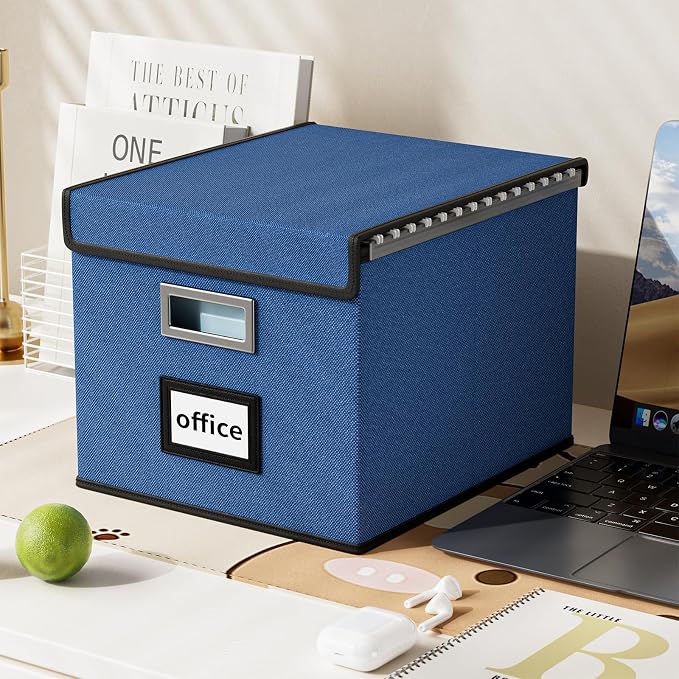 File Organizer Box with Lids, Collapsible File Folder Organizer | File Box with Plastic Slides for Document, Filing Bin for Letter Size Hanging File Folders (4 Pack, Royal Blue) - Image 5