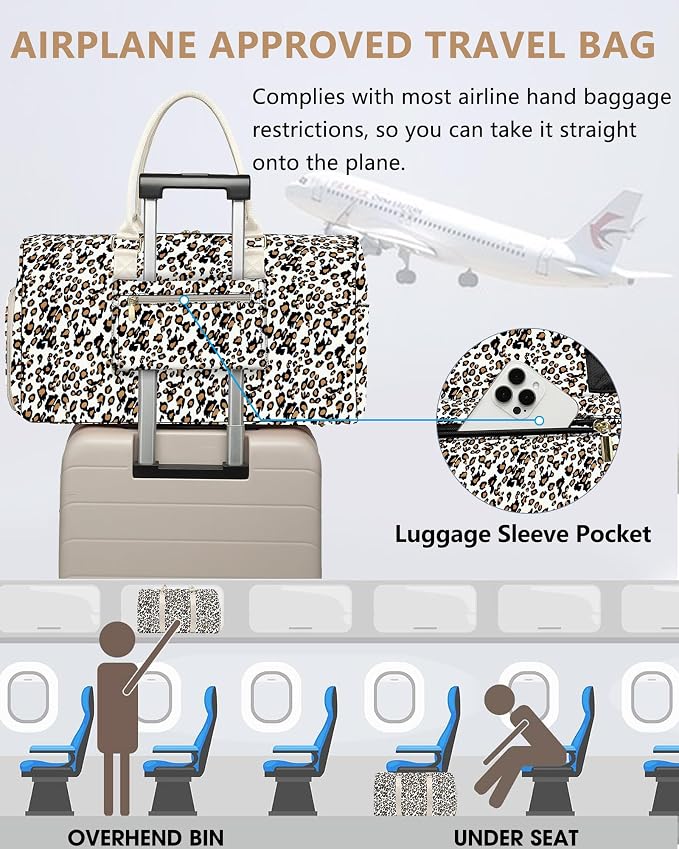 Women Weekender Travel Duffle Bag: Travel Duffel Overnight Bags with Shoe Compartment Large Carry on Tote with Toiletry Bag Weekend Traveling Yoga Gym Hospital Bag for Women with Wet Pocket Leopard - Image 7