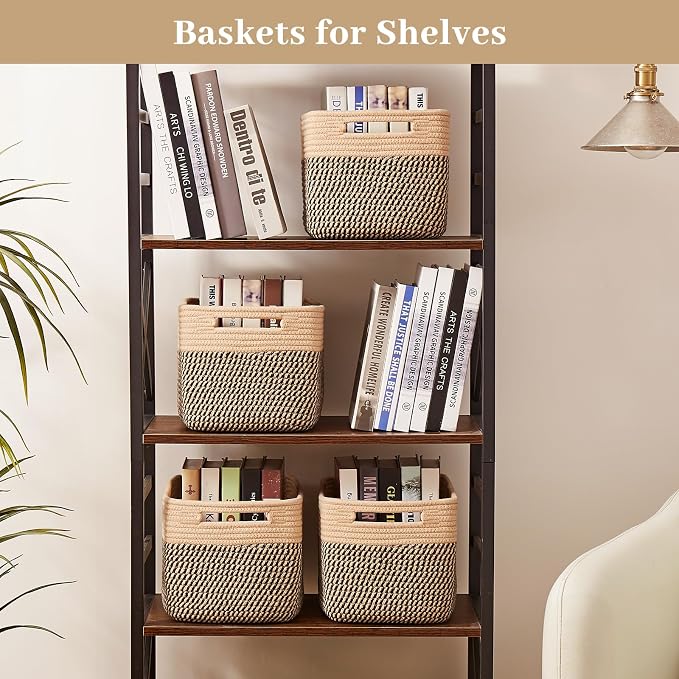 OIAHOMY 4 Pack Storage Basket, 13"x9"x7.8" Cotton Rope Baskets for Shelves, Closet Organizer for Bedroom & Living Room, Soft Decorative Bins for Organizing Towels, Books & Toys, Brown & Black - Image 6