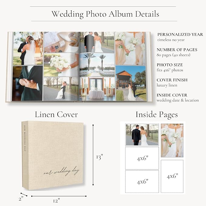 Wedding Photo Album for 400 4x6 Pictures - Large Linen Picture Scrapbook | 400 Pockets for Horizontal & Vertical Photos - Photo Album Book for Personalized Wedding Day Memory Keepsake - Image 7