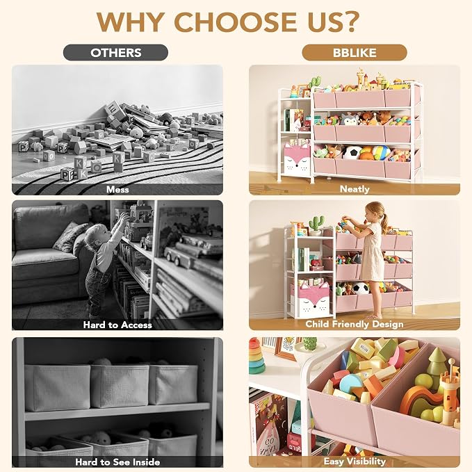 BBLIKE Kids Bookshelf and Toy Storage Organizer with 9 Removable Fabric Bins, Kids Book Shelf & Stuffed Animal Storage Rack for Playroom, Bedroom, Nursery, Pink - Image 5