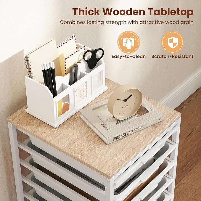 Giantex Rolling Storage Cart with 6 Drawers, Utility Cart w/Wooden Tabletop, Lockable Wheels, Multipurpose Organizer for Art Craft Books Paper, Drawer Carts for Dorm Classroom Office, White - Image 7