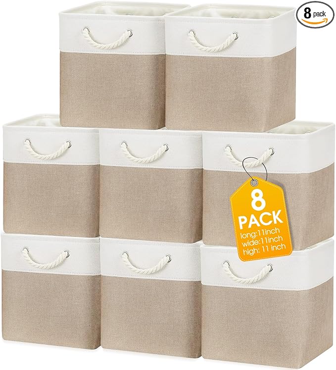 meekoo 8 Pack Collapsible Storage Bins Fabric Storage Bins Polyester Fabric Baskets with Handles Linen Closet Organizer for Shelf Home Closet Towels Toys(11 x 11 x 11 in,Beige) by meekoo