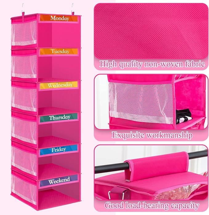 2 Pcs 6 Shelf Hanging Weekly Clothes Organizer for Kid,Rose Red | Closet Organization, Hanging Closet Shelves with Side Pockets, Labeled Shelves with Days of The Week Monday Through Weekend - Image 3