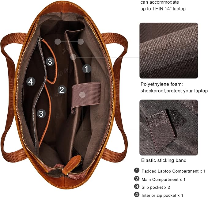 S-ZONE Leather Tote Bag for Women Work Handbag with Luggage Sleeve | Top Grain Genuine Leather, Padded Laptop Compartment, Multi Pockets, Large Retro Purse, Travel Everyday - Image 3