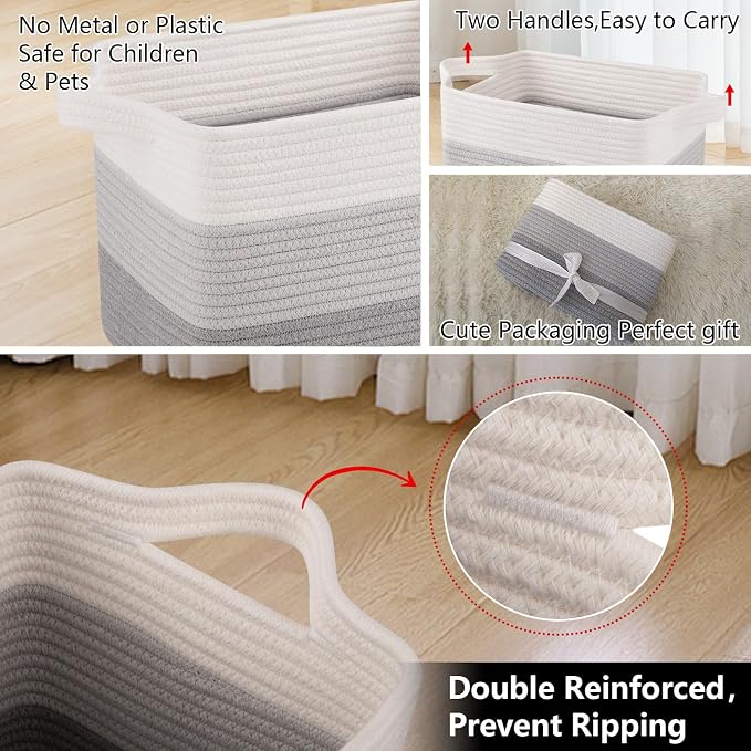 OIAHOMY Woven Storage Basket, Cotton Rope Baskets for Toys,Towel, Clothes, Used to Bathroom,Living Room,Nursery,Bedroom, 16"x12"x10"- Pack of 3, Gradient Gray - Image 6