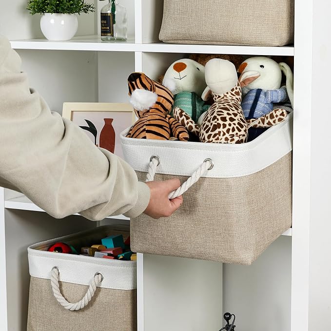 Temary Fabric Storage Baskets 4Pack Storage Bins Decorative Basket for Gift, Clothes Bin with Rope Handle, Rectangle Baskets for Storage, Blankets(White&Khaki,15x11x9.5 inch) - Image 3