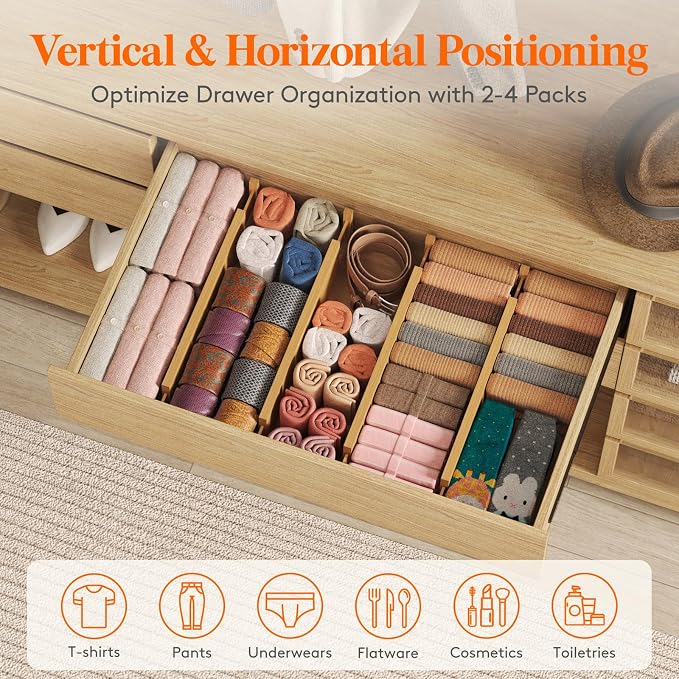 Lifewit 4" High Dresser Drawer Dividers, Adjustable Bamboo Drawer Organizer | 5 Pack 17"-21.5" Expandable Drawer Separator for Clothes, Utensils, Kitchen, Cabinet, Closet, Nursery Organization & Storage - Image 4