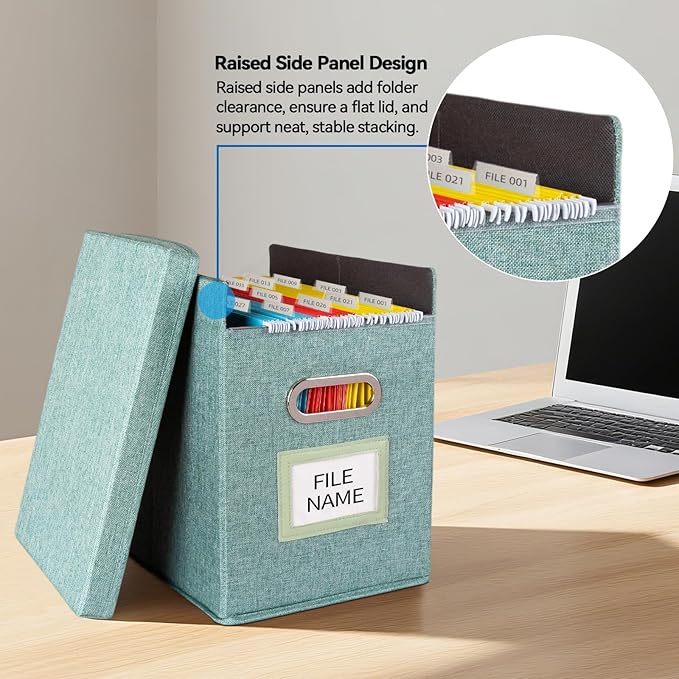 4 Pack Hanging File Folders Organizer with Lid, Letter Size Fabric File Storage Box Collapsible, Portable Office Document Holder with Metal Handle, Smooth PVC Rails, Green - Image 4
