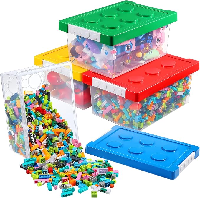 4 Pack Toy Storage Containers with Lids Brick Shaped Kids Toy Organizer Box Plastic Clear Stackable Bin Chest for Building Block Dolls(Large,Red, Yellow, Blue, Green) by Vicenpal