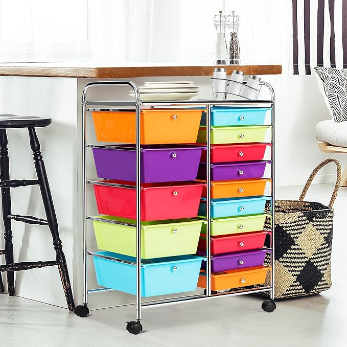 DREAMADE Rolling Cart with 15 Drawers, Rolling Drawer Organizer Cart w/Lockable Wheels, Removable & 2-Sized Storage Drawers, Art Cart for School Home Art Supplies Crafts File Scrapbook (Multi-color) - Image 7