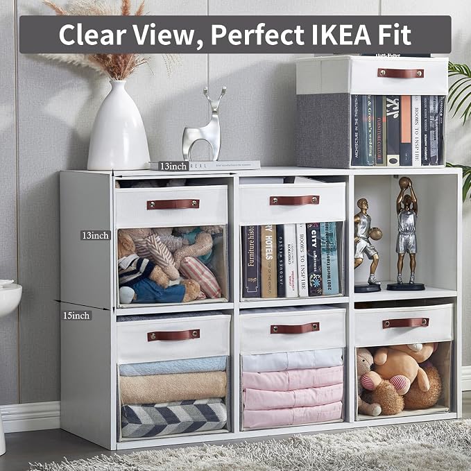 Storage Cubes, 4 Pack Linen Foldable Storage Bins (13 x 13 inch) with Clear Window and 2 Handles, Closet Organizers and Storage for Shelf Closet, Clothes, Books - (Gray and White) - Image 7