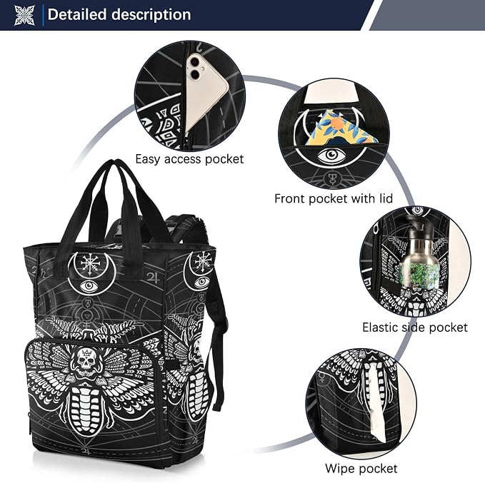 Mnsruu Diaper Bag Gothic Black Skull Moth Large Changing Backpack Multifunction Travel Tote Mommy Bag Baby Diaper Backpack for Mom Dad - Image 2