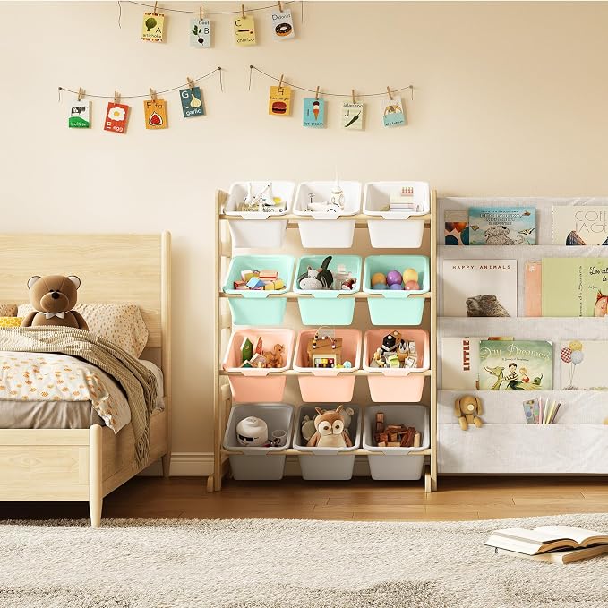 EXPERLAM Toy Storage Organizer with Bookshelf - 12 Storage Bins 4-Tier Multipurpose Shelf to Organize Toys and Books for Kids Room, Playroom, Nursery Room, Multi-Color - Image 9