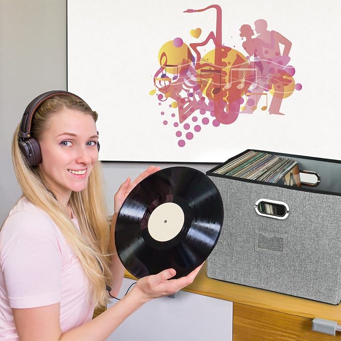 12-Inch Vinyl Record Storage Boxes with Lids and Handles, Stylish and Practical LP Record Organizer for 100+ Single Records, Suitable for Living Room, Study, Concert Hall or Office (Grey, 17"-3 Pack) - Image 4