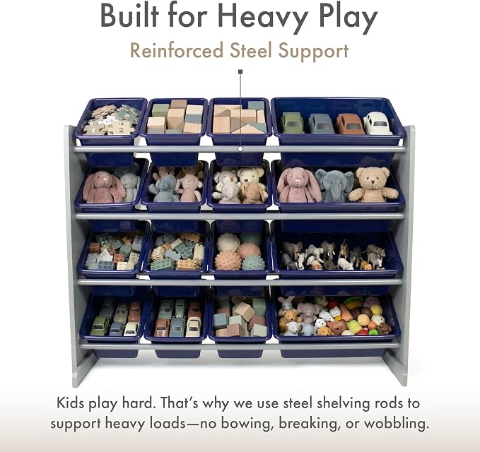Humble Crew Kids Toy Organizer with 16 Bins, 4 Tier Storage for Playroom | Sturdy wood and steel toddler shelf, removable BPA-free containers, wall anchor anti-tip safety kit for bedroom or classroom - Image 4