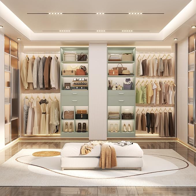 Besiost Closet System, 4-8 FT Closet Organizer Tower with 2 Wooden Drawers and Shelves, Can Fit 60 to 96 inch Walk-in Closet System with 5 Hang Rods, Built-in, Crab Green - Image 6