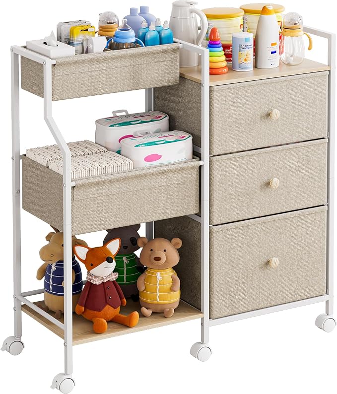 Modanais Baby Diaper Caddy Organizer Rolling Cart with Drawers, Off White | Detachable Dividers, 3 Tier Rolling Cart, Mobile Utility Cart with Wheels for Nursery, Bedroom, Changing Table & Crib by HomeOrganizersandStorage