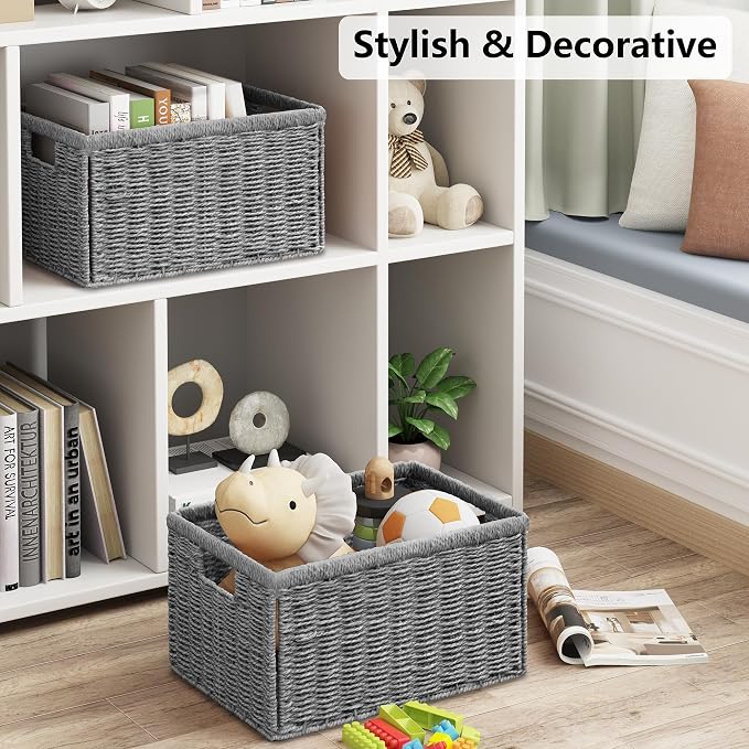 2 Packs Large Wicker Storage Basket, Closet Storage Baskets Bins for Shelves, Decorative Collapsible Baskets for Organizing Clothes Toy Nursery Bathroom Organizers and Storage, Grey - Image 7
