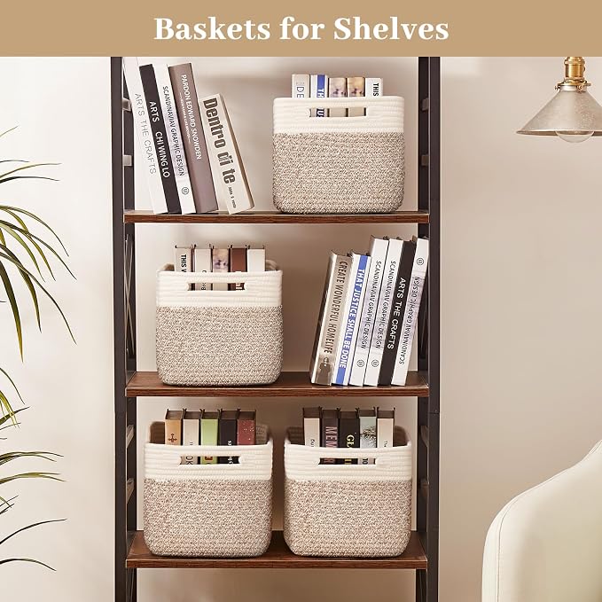 OIAHOMY 4 Pack Storage Basket, 13"x9"x7.8" Cotton Rope Baskets for Shelves, Closet Organizer for Bedroom & Living Room, Soft Decorative Bins for Organizing Towels, Books & Toys, Deep Brown & White - Image 6