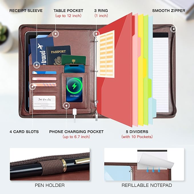 Ospelelf Zippered Padfolio Organizer, Faux Leather 3 Ring Binder with Clipboard, Letter Size Business Portfolio with Notepad, Tablet Sleeve & Phone Pockets for Office Work Brown - Image 2