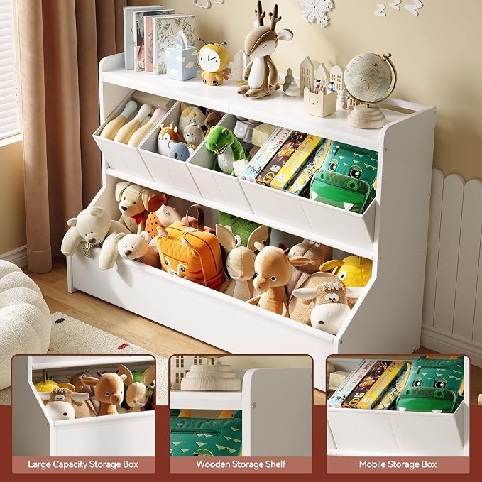 FOUCSSOMEI Extra Large Toy Storage Organizer for Kids, Wooden Toy Organizer and Storage with Bookshelf, 3 Removable Bins and Large Storage Bin, Toy Shelf for Playroom, White, Patent Design - Image 3