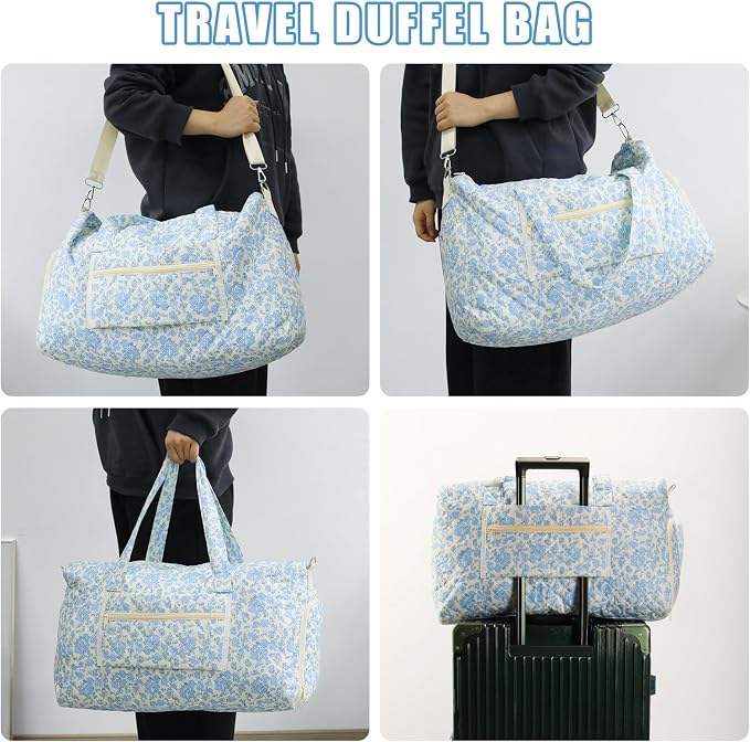 Quilted Floral Duffel Bag 2 Pack Weekender with Shoe Compartment | Women’s Overnight Hospital Bag for Labor Delivery, Travel Carry On Duffel with Toiletry Pouch for Gym & Weekend Getaway - Image 4