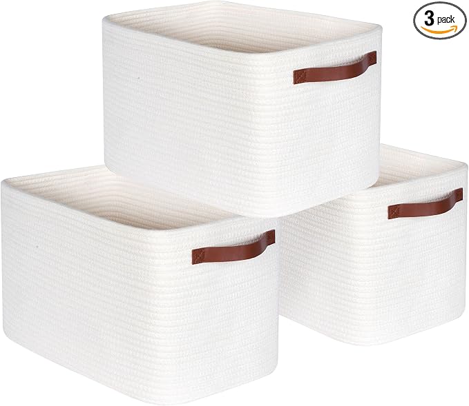 3-Pack Decorative Woven Storage Baskets for Shelves, Cube Bin Box for Organizing Books, Shoes, Dog Toys, Pantry Closet and Living Room Organizer, Creamy White by MINTWOODDesign