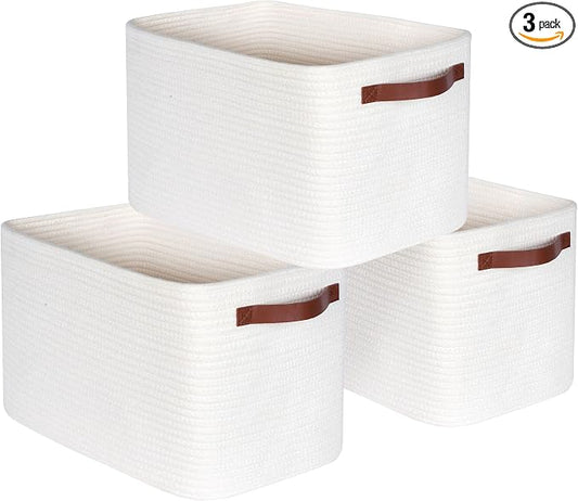 3-Pack Decorative Woven Storage Baskets for Shelves, Cube Bin Box for Organizing Books, Shoes, Dog Toys, Pantry Closet and Living Room Organizer, Creamy White by MINTWOODDesign